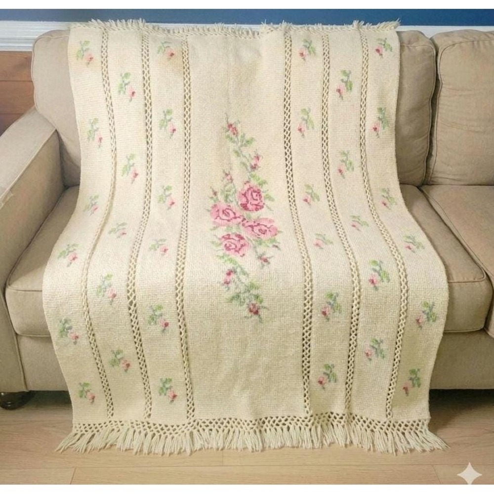 Hand Knit Cottagecore Throw Blanket Afghan Intricate Rose Needlepoint Design